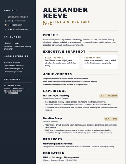 Signature executive CV template from CoremetX's Elite CV Templates digital download collection, featuring professional resume design.