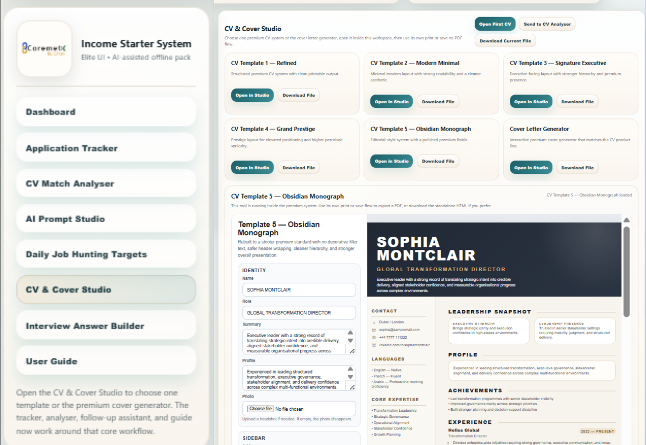 Digital download of the Income Starter System by Coremet Ltd, featuring a professional job hunting platform visual.