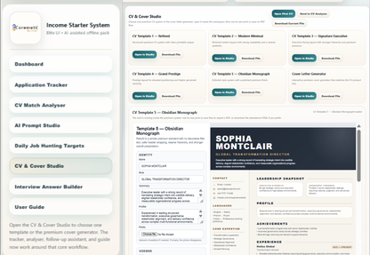 Digital download of the Income Starter System by Coremet Ltd, featuring a professional job hunting platform visual.