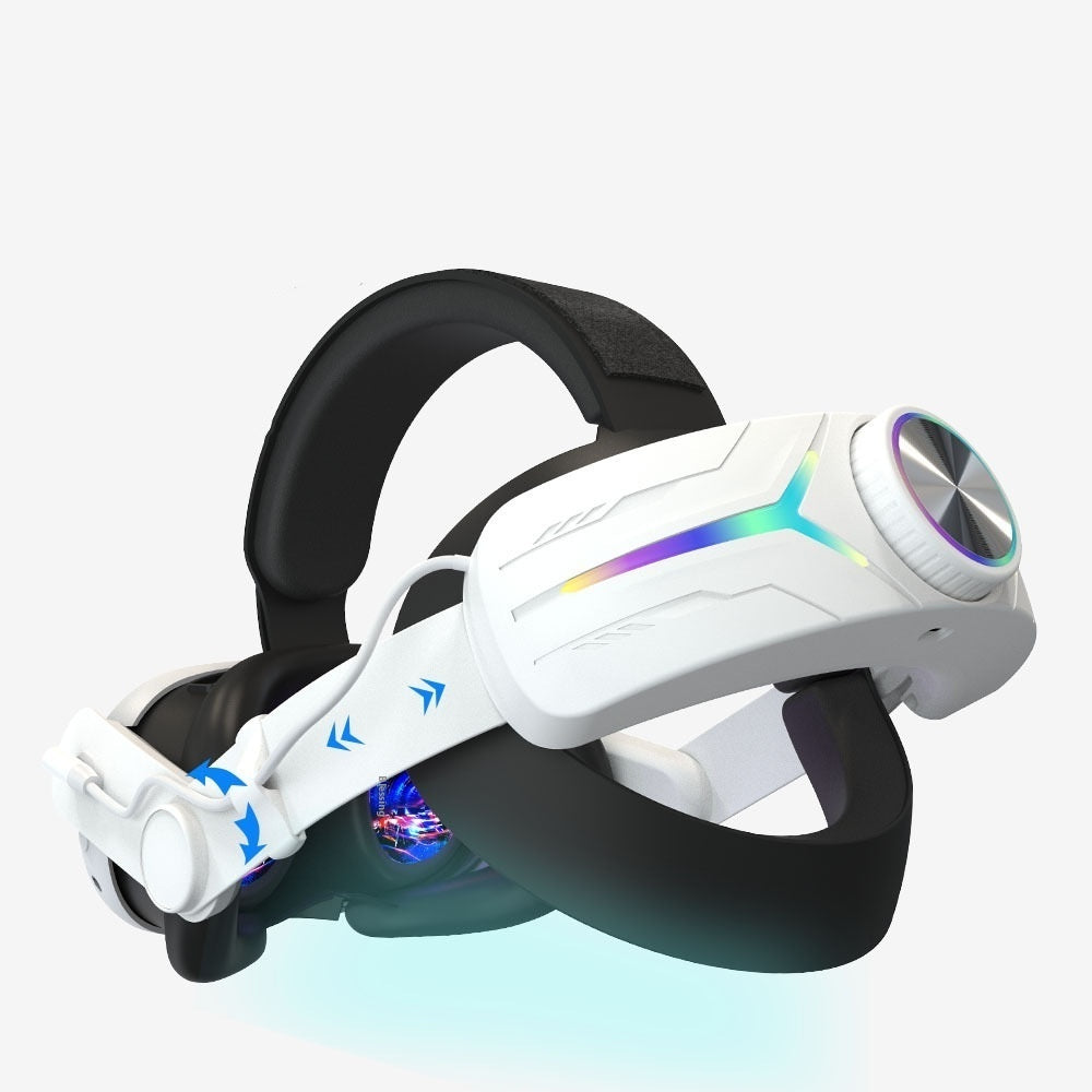 Coremet Ltd VR headset with built-in 8000mAh power bank, shown with adjustable head straps and immersive VR display.