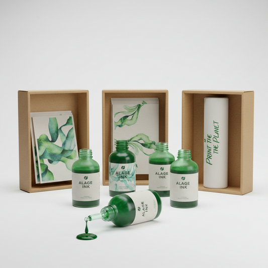 Algae-based ink in a business kit by Coremet Ltd, featuring bottles of algae ink and business setup materials.