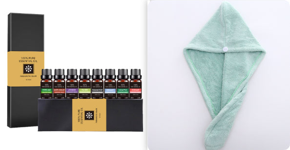 Organic essential oils gift set from Coremet Ltd featuring aromatherapy collection with multiple small bottles in a gift box.