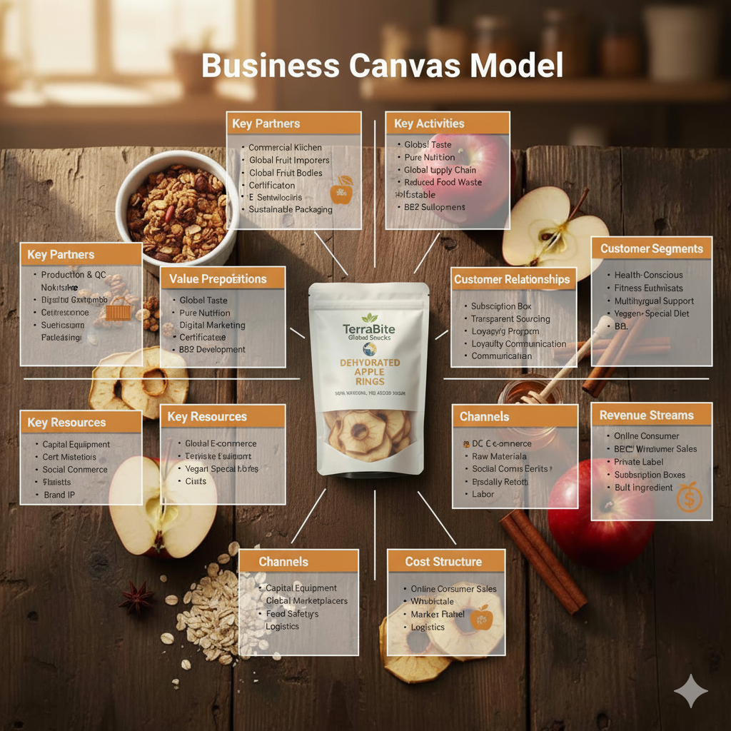 Business model canvas for CoremetX dehydrated fruits business kit, showing startup planning and product launch strategy.