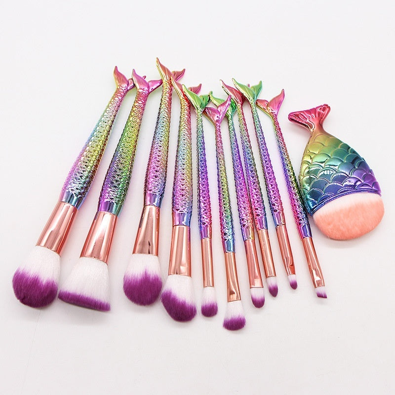 Coremet Ltd 10 Mermaid Makeup Brushes set with colorful handles, ideal for beauty tools and professional makeup application.