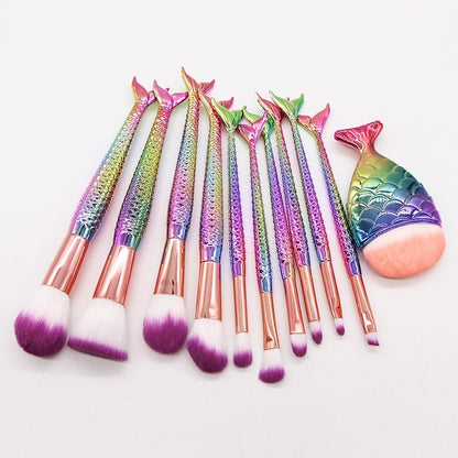 Coremet Ltd 10 Mermaid Makeup Brushes set with colorful handles, ideal for beauty tools and professional makeup application.