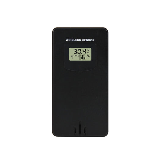 Wireless outdoor temperature and humidity sensor from Coremet Ltd, showing digital display with weather readings in a business kit setup.