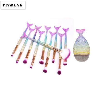 Set of 10 Mermaid-themed makeup brushes by Coremet Ltd, featuring colorful handles and soft bristle heads for beauty application.