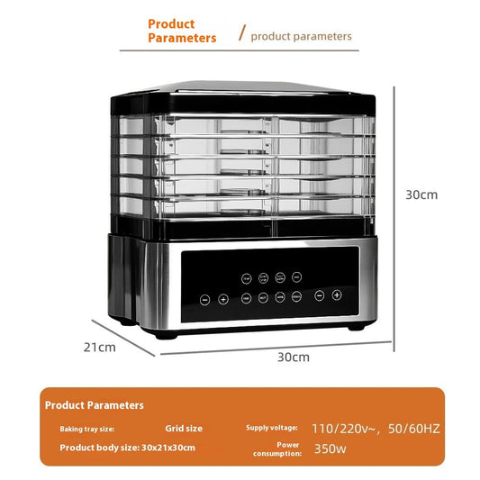 Stainless steel food dehydrator by Coremet Ltd with multiple drying trays for fruit and snacks in a professional business kit setup.