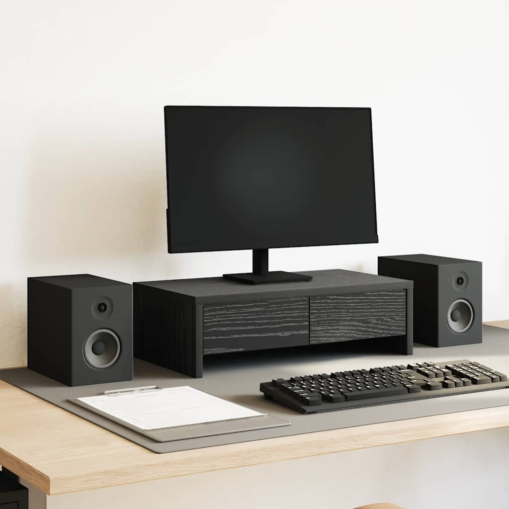 Wooden monitor stand with built-in drawers from Coremet Ltd, designed for business use, showing a sleek, functional workspace organizer.