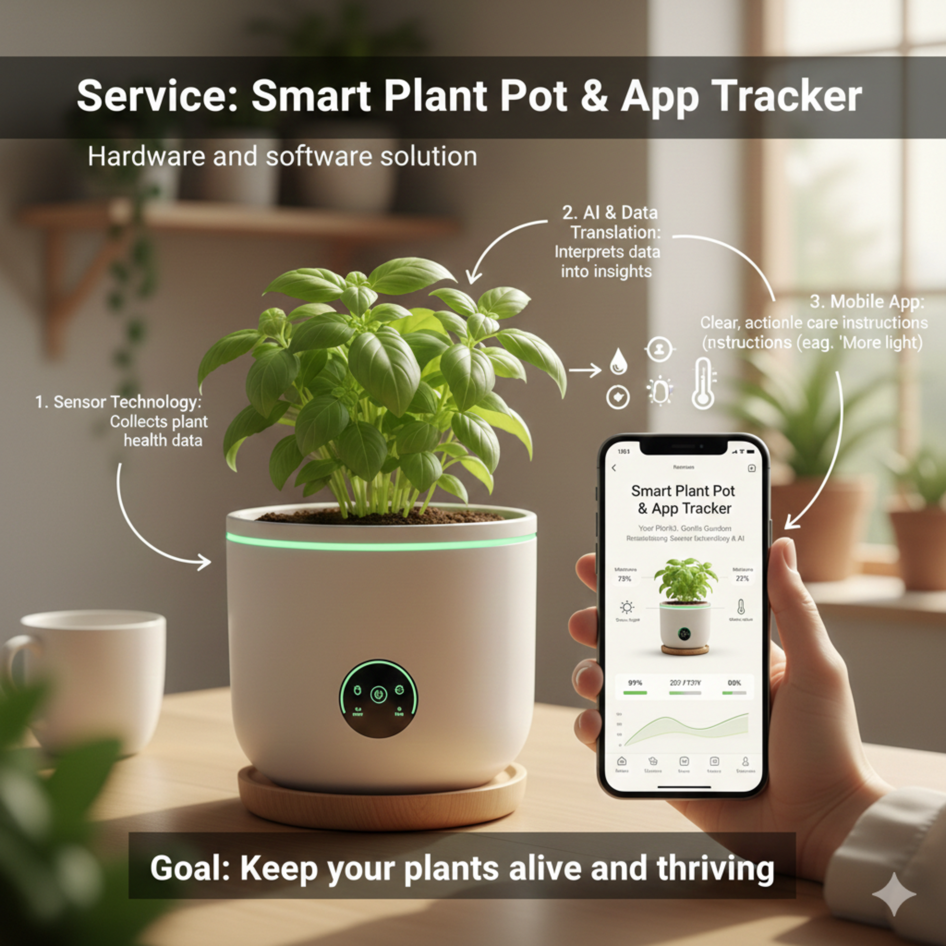 Smart plant pot business kit by Coremet Ltd, including app, product, and complete system for starting a smart plant business.
