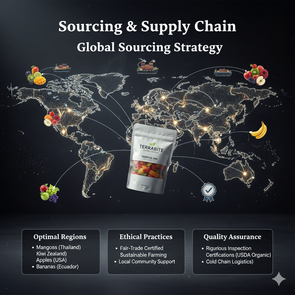 CoremetX dehydrated fruits business kit sourcing supply chain diagram for starting a product-based fruit business.