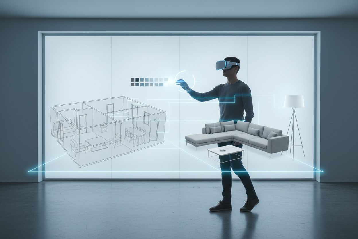 Virtual interior design consultancy business kit by Coremet Ltd featuring a person using VR-style app for digital service setup.