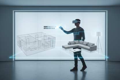 Virtual interior design consultancy business kit by Coremet Ltd featuring a person using VR-style app for digital service setup.