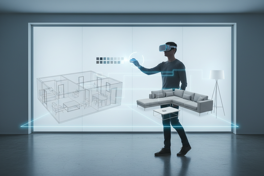 Virtual interior design consultancy business kit by Coremet Ltd featuring a person using VR-style app for digital service setup.